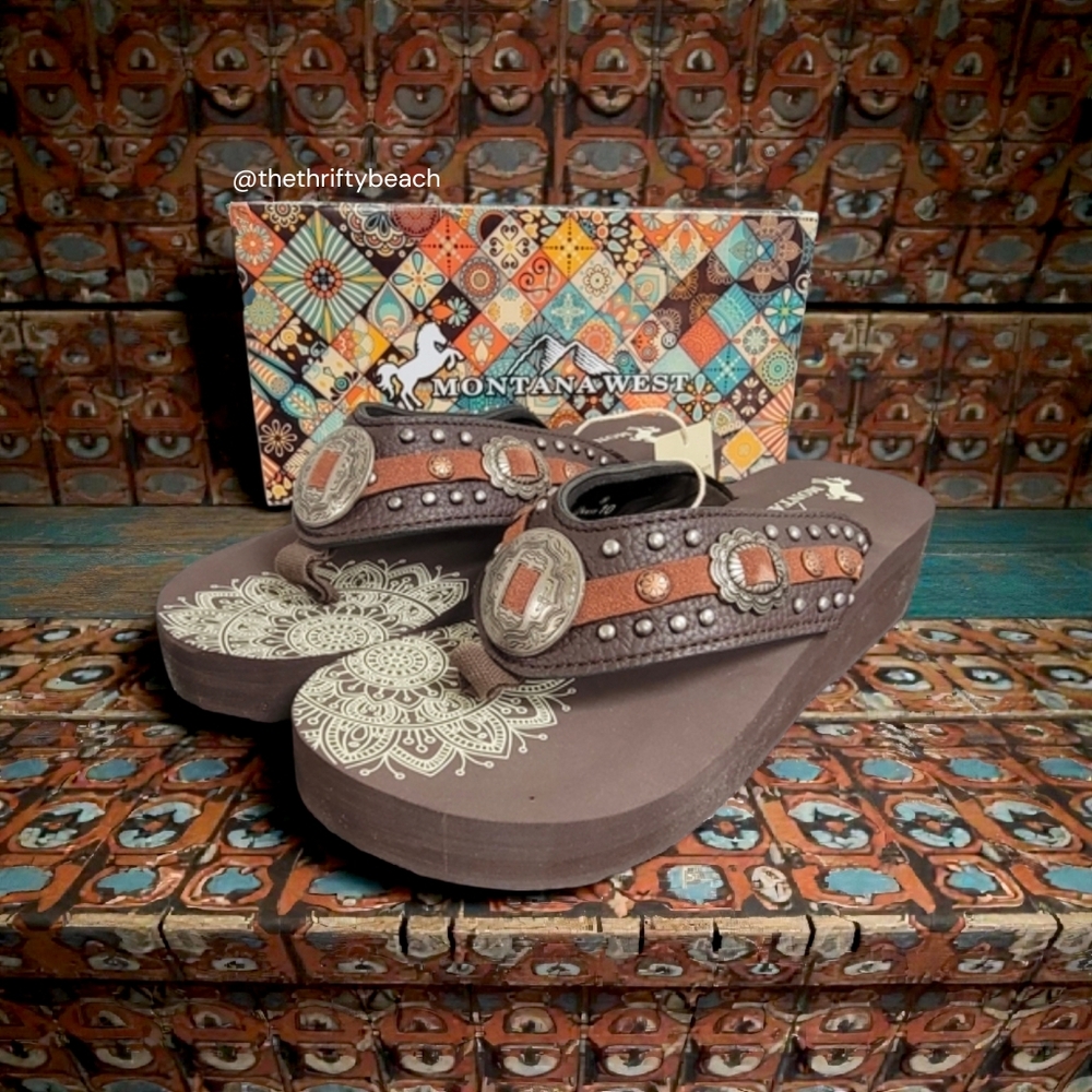 Montana West Mandala Wedge Flip Flops - Western Concho - Size 10